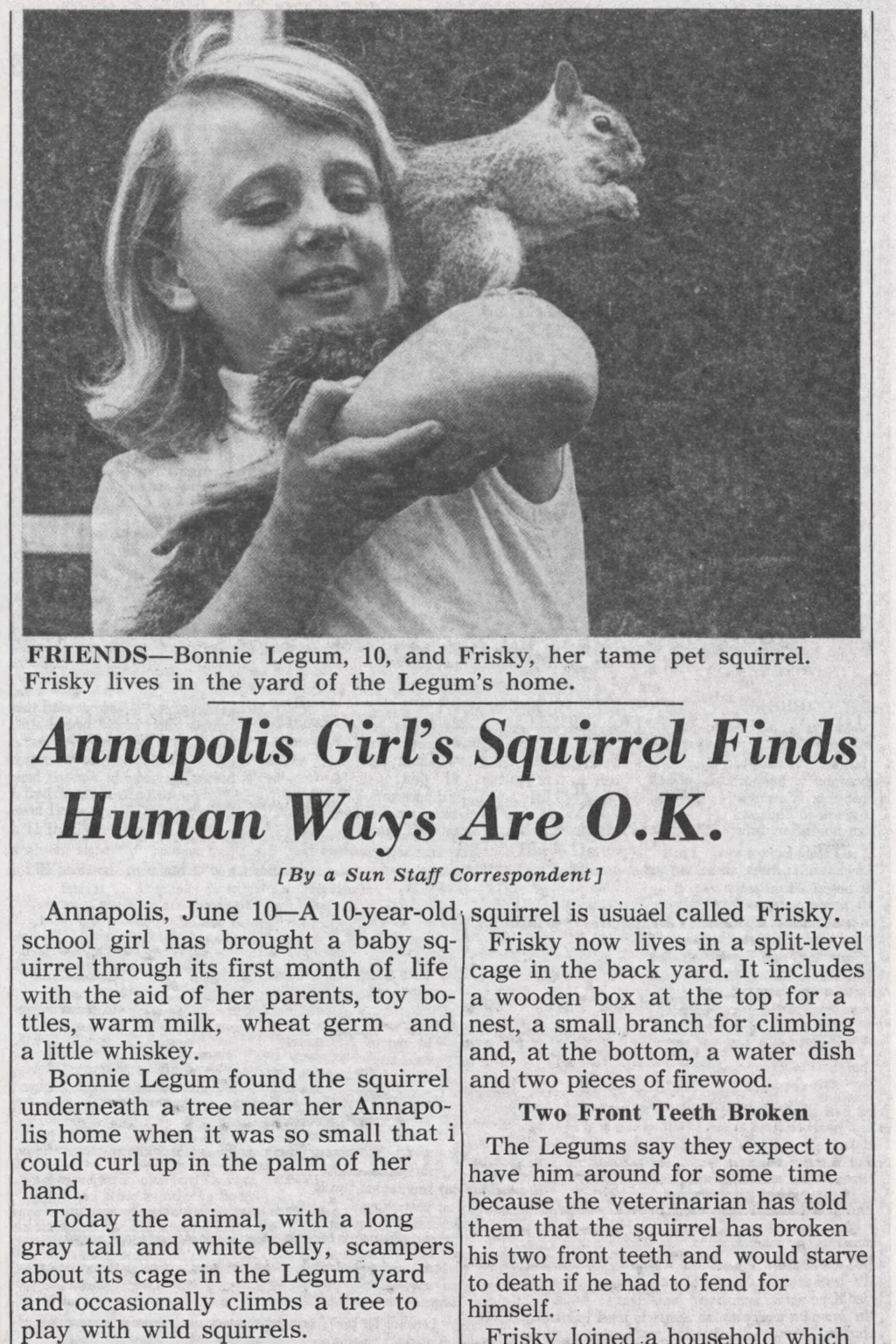 Newspaper clipping: Bonnie Thistle as a child with her tame squirrel Frisky